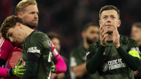 Celtic's Kasper Scheichel, Arne Engels and Callum McGregor