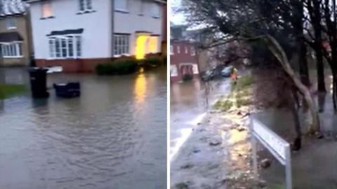 Ferguson Road in Chippenham is filled with water during Storm Henk in January 2024.