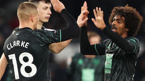 Sheffield United's Harry Clarke and Hamza Choudhury high-five after the 1-0 win over Derby