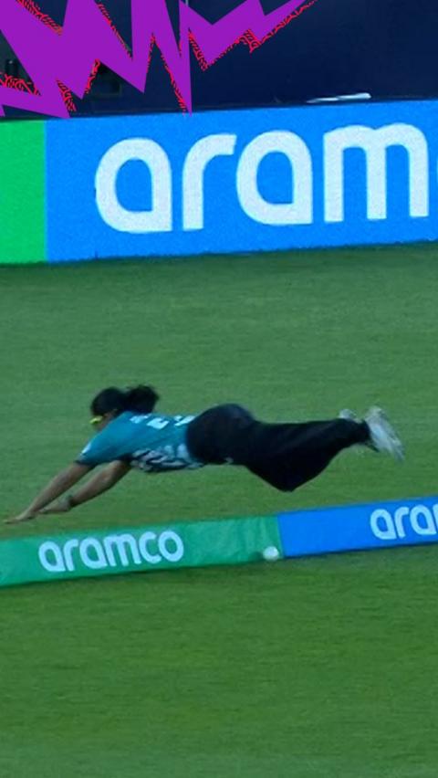 NZ fielder diving over the boundary rope