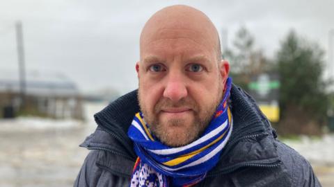 Andrew Rowney, Farsley fan, stood outside the Farsley Celtic ground.