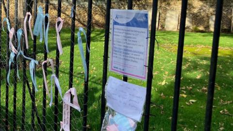 A close-up of a fence with ribbons tied to it. The ribbons have been put on the fence by families who have suffered the loss of a baby. The ribbons have messages written on them. There is also an A4-sized poster in a plastic cover publicising Baby Loss Awareness Week. There is a lawn beyond the fence.