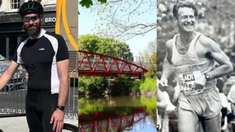 Montage of a man in black and white cycling gear and a black helmet and shades, a red bridge with 'zig-zag' detailing against a bucolic background, and a photo of a man running in the London marathon in the 80s - he is smiling off camera, wearing a white vest and shorts, a fine gold chain and watch, and slicked back hair