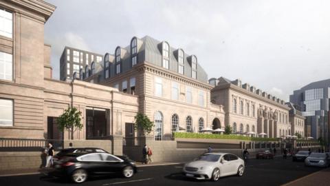 Artist impression of the former High School of Glasgow site that is to be transformed into a hotel. The decorative building has large rounded windows and stretches along a street. 