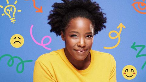 Kimberley Wilson pictured in front of a blue background filled with graphics to illustrate ideas like happiness and sadness 