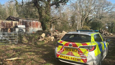 A police car parked next to the sawmill site, which was damaged by fire on Saturday.