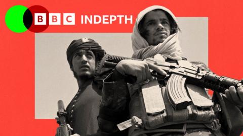 A treated image showing a black-and-white photo of two Taliban fighters holding rifles and wearing head coverings. They are both looking away from the camera. The image has a red border and the InDepth logo