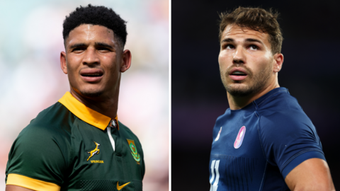 Sacha Feinberg-Mngomezulu in a Springbok jersey and Antoine DuPont in France kit
