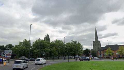 A busy three-lane roundabout