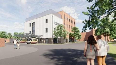 Artist impression of the new centre- a white building with ambulances parked in front under metal shelters and people walking towards it 