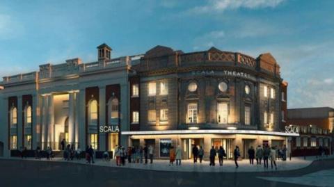 An artist's impression of the refurbished theatre shows an old building with a modern wing lit up at night with people walking around it.