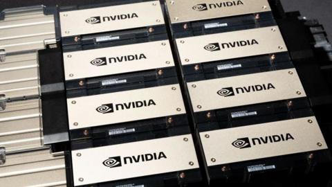 A Nvidia HGX H100 server arranged at the company's headquarters in Santa Clara, California, US.