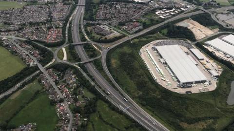 A birds view of junction 28 of the M1.
