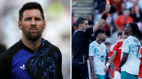 A split picture showing Argentina forward Lionel Messi and Portugal forward Rafael Leao being red-carded