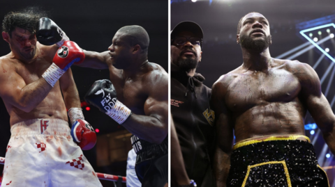 Split image of Daniel Dubois punching Filip Hrgovic and Deontay Wilder being helped inhe ring