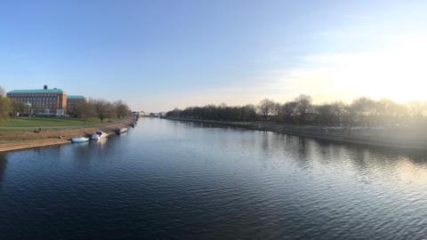 The River Trent viewed from Trent Bridge in Nottingham, with Nottinghamshire County Hall in the background