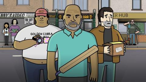 A still from The Golden Cobra showing some of the main characters - one with a camera, one with a cricket bat, one with a package - standing in the strreet