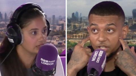 BBC London presenter Shay Kaur Grewal next to chef Nathaniel Mortley having a conversation and speaking into BBC Radio London mics. They are in a radio recording studio with images of London superimposed behind them