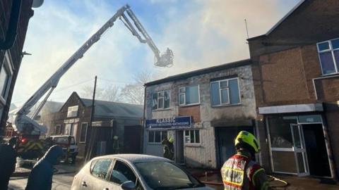 Firefighters dealing with a shop fire at Klassic on Marjorie Street in Leicester