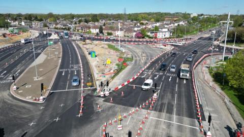 An overhead shot of the Dawsons Corner roundabout mid-upgrade.