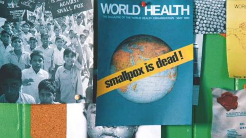 Posters about small pox pinned to a wall, on top is one entitled "Smallpox is dead!"" 