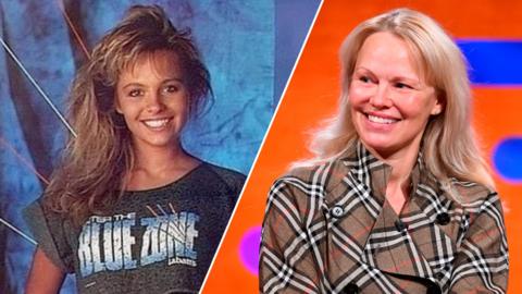 A split image of a young Pamela Anderson and now on the Graham Norton Show.