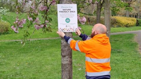 A bald man with a brown beard wearing an orange hoody attaches a white sign to a tree.