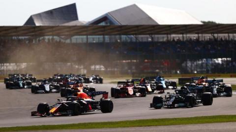 Red Bull's Max Verstappen leading the sprint qualifying event at the 2021 British Grand Prix at Silverstone