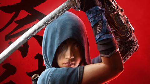 A female ninja character stands in front of a blood-red background with Japanese calligraphy characters daubed across it. Her eyes are just visible underneath her blue hood and she holds a katana above her head, ready to strike.