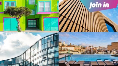 Four different styles of building - colourful, wooden, glass and one with a rooftop pool.