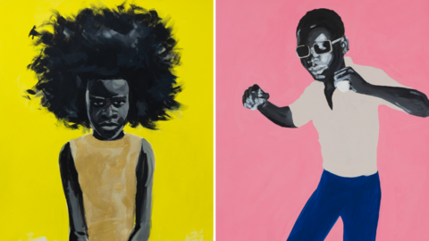 Paintings by Geoffrey Chambers include one of a woman against a bright yellow background, called In her Rising, and one of a man against a pink background called It's my Party.