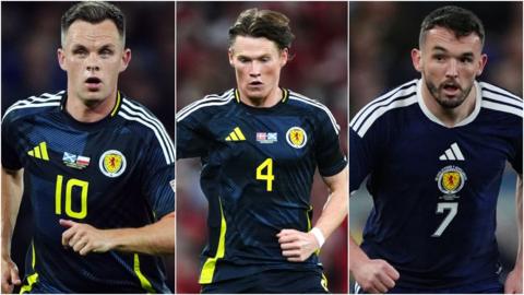 Lawrence Shankland, Scott McTomimay, John McGinn in Scotland shirts