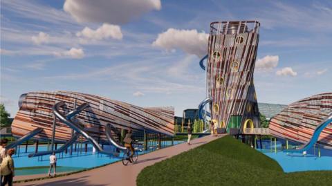 Artist impression of a playpark, featuring a tall tower.