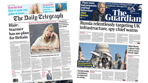 A composite image of the front pages of the Daily Telegraph and the Guardian. The headline on the former reads "Blair: Starmer has no plan for Britain" and a photo is captioned "the heat's still on" in the latter.