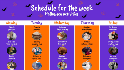 Halloween schedule for parents of 0-5-year-olds.