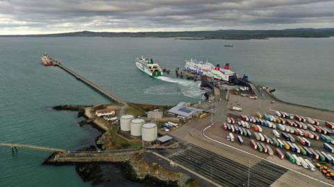A general view of Holyhead port with one car ferry leaving its berth and another at its berth