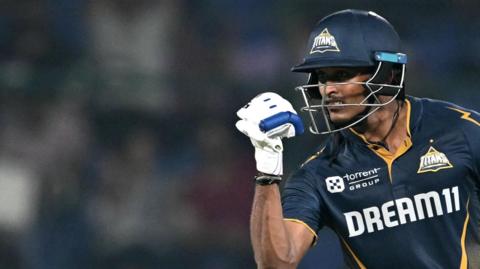 Sai Sudharsan celebrates his century for Gujarat Titans