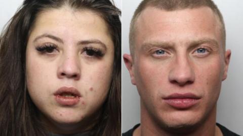 Custody images of Farrah Jones, who has dark hair and long eyelashes, and Steve Wimbleton, who has close-shaved hair and blue eyes