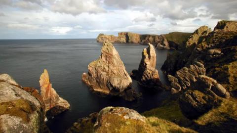 A stock image of Tory Island coastline - there are rocks emerging from the water, there is grass on the coastline.
