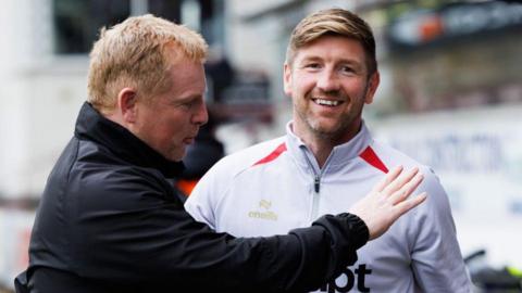 Mark Wilson and Neil Lennon share a joke at Firhill in September