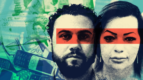 Composite image showing mugshots of Galina Nikolova and Gyunesh Ali on a backdrop of banknotes and mobile phones