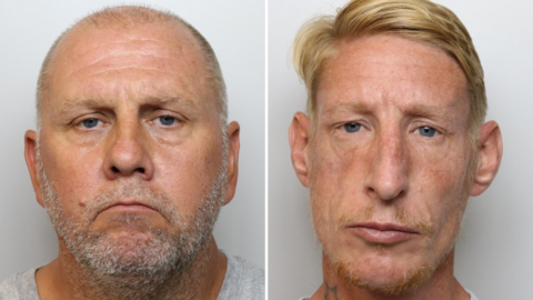 Two custody images of Gerald Gribbin and Tommy Rowe. Gribbin has short grey hair and a grey beard, and is wearing a grey T-shirt. Rowe has blonde hair, with a side parting, longer on one side. He has a small beard and a tattoo on his neck.