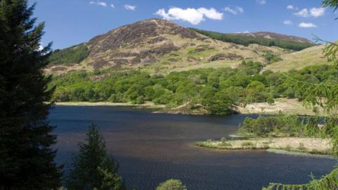 A loch surrounded by trees and and a hilly landscape in the distance