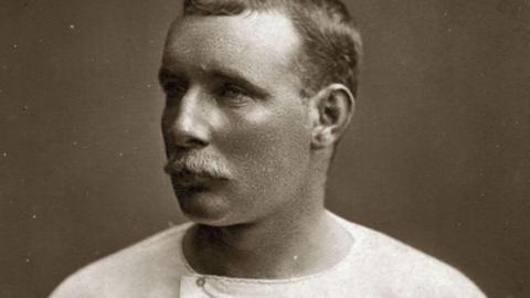 A black and white photo of Captain Matthew Webb.