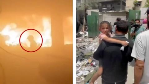 Split image showing girl escaping fire, circled in red, and her later being carried in the ruins by a man