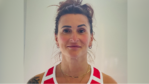 Sabina Falcone-Healey, pictured in a red and white vest, is a member of the England women's over-45 squad