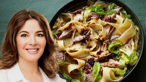 Nigella Lawson and Wide noodles with lamb shank in aromatic broth