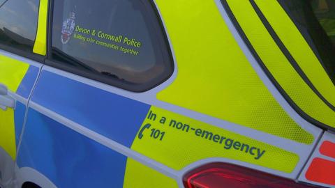 Side of a Devon & Cornwall Police car. It is yellow and blue. It has 'in a non-emergency call 101' written on the side.