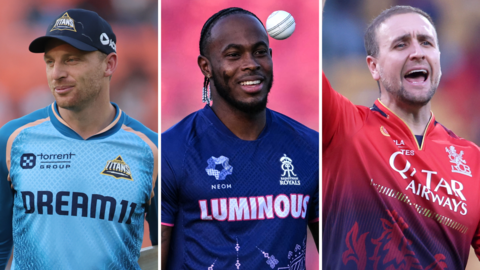 A split graphic of Jos Buttler, Jofra Archer and Liam Livingstone