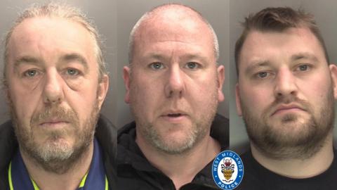 Three mug shots of three men. On the left the man has grey-blonde hair and facial hair. In the middle, he has very short grey hair and facial hair. The man on the right has brown hair and facial hair
